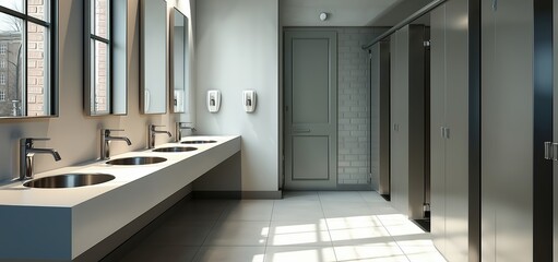 Modern public restroom interior with multiple white sinks and mirrors above, stainless steel stall partitions in light gray, spacious layout with window illumination, clean minimalist design in commer