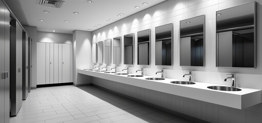 Modern public restroom interior with multiple white sinks and mirrors above, stainless steel stall partitions in light gray, spacious layout with window illumination, clean minimalist design in commer