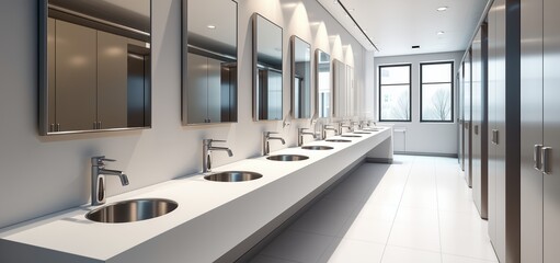 Modern public restroom interior with multiple white sinks and mirrors above, stainless steel stall partitions in light gray, spacious layout with window illumination, clean minimalist design in commer