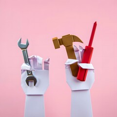 Paper Hands Holding Tools: Minimalist Repair Concept, Pink Background