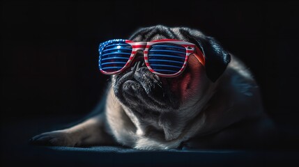 Patriotic Pug a charming canine celebrates with star spangled sunglasses radiating pure joy and pride in a dark studio