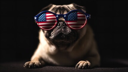 A patriotic pug radiates American pride wearing flag sunglasses canine celebrates freedom and style dark background with