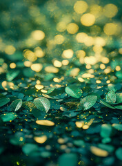 The close-up image shows shimmering green sequins and small, round leaves scattered on the ground, highlighted by a soft bokeh background effect,