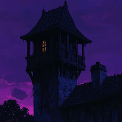 The evening scene features a medieval wooden tower and a porch, set against a dark purple sky, depicted in its distinctive style, showcasing rural architecture and atmospheric lighting.