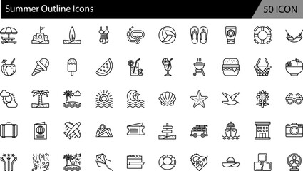 Summer Outline Icons. Vacation, Beach, Travel and Tropical Elements. Outline Icon collection. Vector illustration.