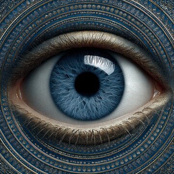 Close up extreme detail of a blue human eye with ornate golden blue circular patterns