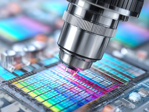 close-up of futuristic lab microscope examining thin silicon wafer, advanced tech setting, cool color palette, clean and minimal,