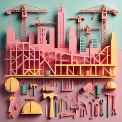 Stylized Papercraft Cityscape Under Construction: Cranes, Tools, and Buildings in Pastel Pink and Yellow