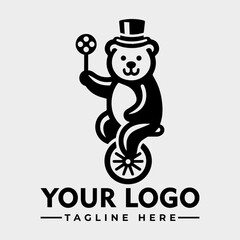 A black and white logo featuring a bear balancing on a unicycle, wearing a top hat and holding a juggling ball.