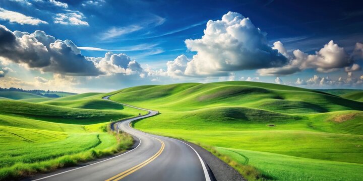 Asphalt ribbon winding through vibrant green rolling hills under a brilliant blue sky with puffy clouds