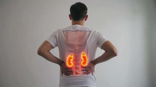 Man holding lower back in pain with highlighted kidneys and spine illustration, representing kidney disease, back pain, urinary health issues, medical diagnosis and human anatomy in healthcare context