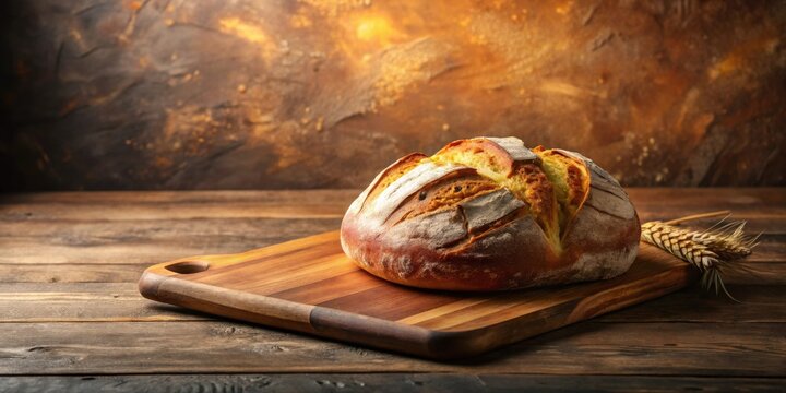 Artisan sourdough bread loaf on rustic wooden board with wheat