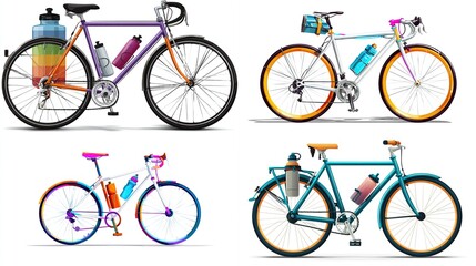 Four colorful road bicycles, side-by-side, with various accessories and water bottles