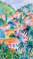 Obraz premium Watercolor Mediterranean hillside village for phone wallpaper