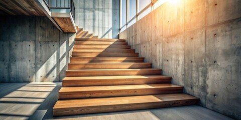 Fototapeta premium Modern wooden staircase in minimalist concrete building interior