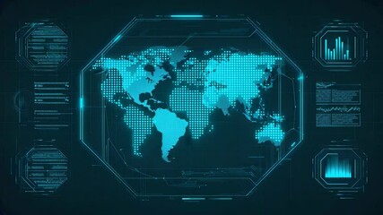 Futuristic world map interface with glowing data charts and digital HUD elements, global communication, cybersecurity, data analysis, artificial intelligence, and modern virtual technology systems - Powered by Adobe
