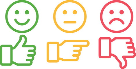 Three feedback icons showing positive neutral and negative with thumbs up point and thumbs down gestures
