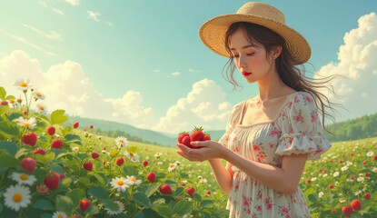 A young woman picks strawberries in a sunny summer meadow.