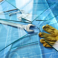 Shattered Glass, Blueprint, Wrench, Work Gloves: Industrial Accident Scene, Moody Blue Tone