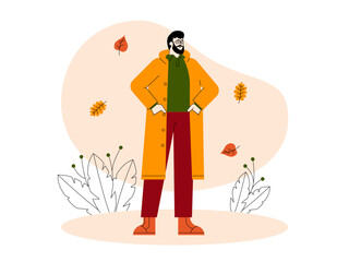 Man in glasses enjoys fall season wearing bold clothes. Fall season illustration. Autumn vector flat illustration.