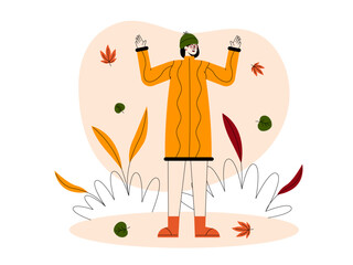 Woman wearing warm clothes as fall season arrives. Fall season illustration. Autumn vector flat illustration.