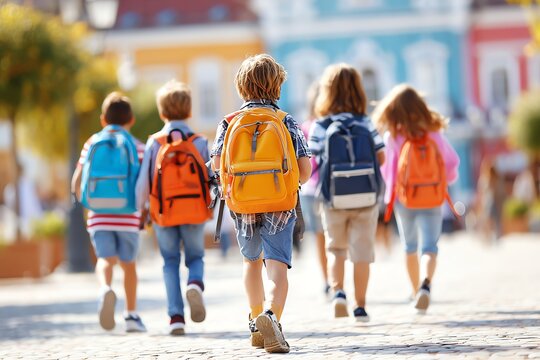 happy group of diverse children with backpacks walking into school on first day, morning sunlight, colorful school building in background, joyful back to school atmosphere,