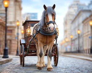 horse pulling vintage carriage through European cobblestone street, historical scene with soft light and old-world charm,