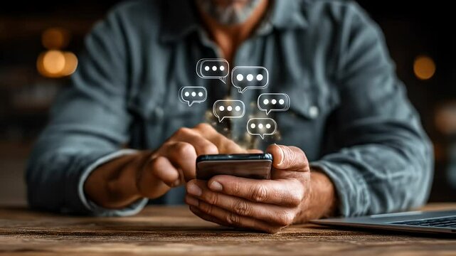 Man Using Mobile Phone with Digital Speech Bubbles on Rustic Wooden Table with Soft Bokeh Background and Gray Long Sleeve Shirt