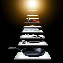 Abstract Conceptual Steps: Tools, Technology, and Healthcare on Illuminated Shelves