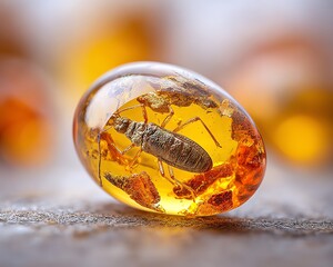 macro photo of ancient amber with fossilized insects inside, mysterious golden organic detail