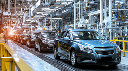 Modern Car Manufacturing Process in Automotive Factory with Assembly Line Featuring Sleek Vehicles under Bright Industrial Lighting