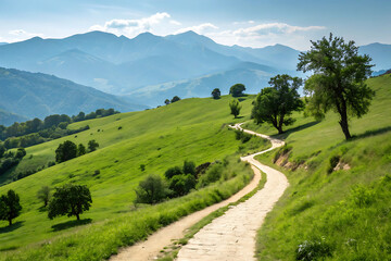 Obraz premium A winding path leads through a picturesque green landscape towards majestic mountains
