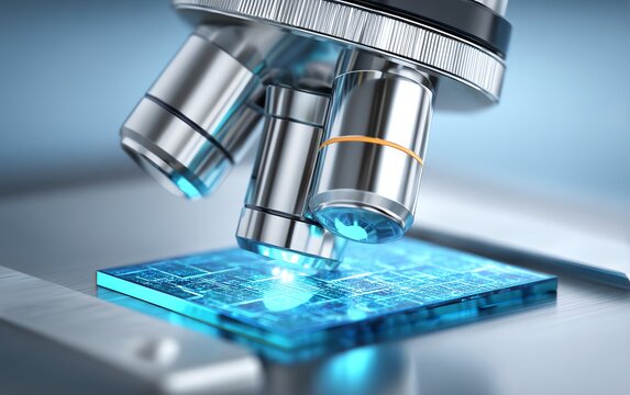 minimalist science lab scene, high-end microscope examining blue reflective wafer, futuristic and clinical, macro-level photography style,