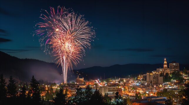 Celebrating freedom with vibrant fireworks lighting up the night sky over the charming cityscape on independence day - Powered by Adobe