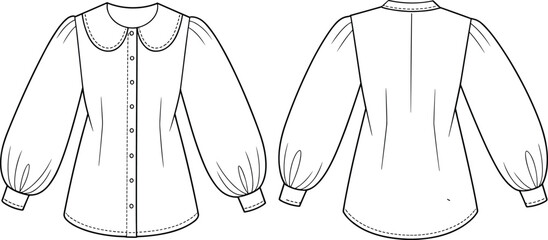 Front and back fashion flat sketch of long sleeve blouse, puff sleeve shirt, peter pan collar, vector illustration, technical drawing, cad