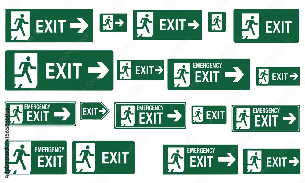 Aufkleber set of exit sign with running man on white background