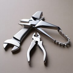 Sleek metallic tools: wrench, pliers, and adjustable crescent wrench on beige background; minimalist, professional, repair concept.