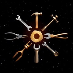 Gold and Silver Tools Around Gear;  Dark Space Background;  Conceptual Repair, Engineering, or Innovation Image.