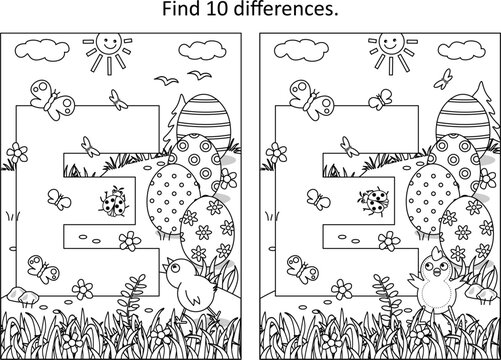Letter E difference game and coloring page. E is for Easter. E is for eggs.
