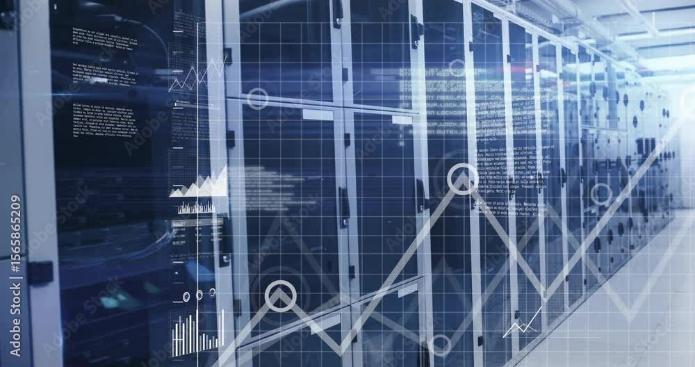 Poster analytics overlays fading on racks raising charts sweeping right visualizing data while panning