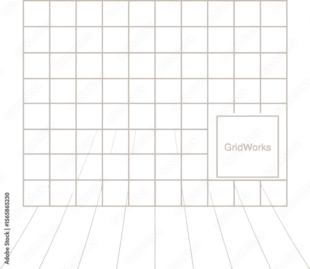 Poster a square grid with a smaller square containing the word gridworks on a light beige background plane