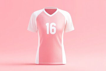 realistic 3D mockup of a women's volleyball jersey in pastel pink and white, clean studio background, stylish modern fit