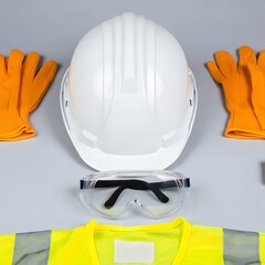Construction Safety Gear: Flat Lay of Hard Hat, Gloves, Safety Glasses, and High-Visibility Vest.