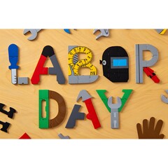 Labor Day: Colorful Tool Puzzle on Wood Background; Festive, Celebratory Mood