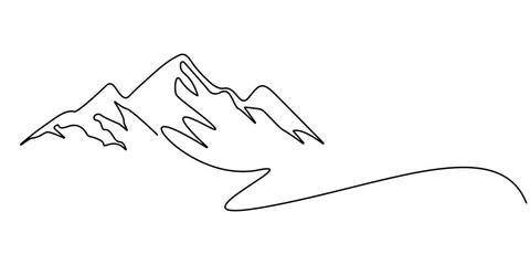 Mountains landscape view. Continuous one line drawing, One continuous line drawing of mountain range landscape, Mountains continuous one line drawing. Mountain sign in simple linear style.