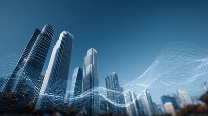 Futuristic cityscape featuring tall skyscrapers with digital waves and smart technology elements, showcasing innovation and modern architecture