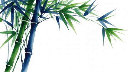 Watercolor Bamboo Stalks and Leaves - Serene Green and Blue Botanical Illustration on White.