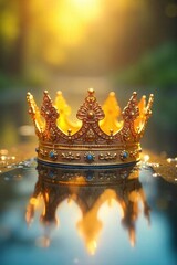 A radiant golden crown basks in the warm glow of a sunny day, casting a shimmering reflection Perfect for concepts of royalty, summer, triumph, and light , golden, jewelry
