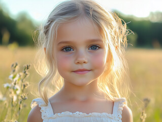 young girl with long, wavy hair stands in sunlit field, surrounded by wildflowers. Her bright blue eyes and soft smile convey innocence and joy, capturing serene moment in nature