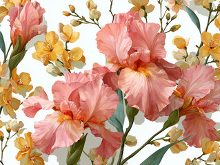 Vintage light pink irises and light yellow wildflowers create vibrant floral pattern, showcasing beauty of nature with delicate petals and lush greenery